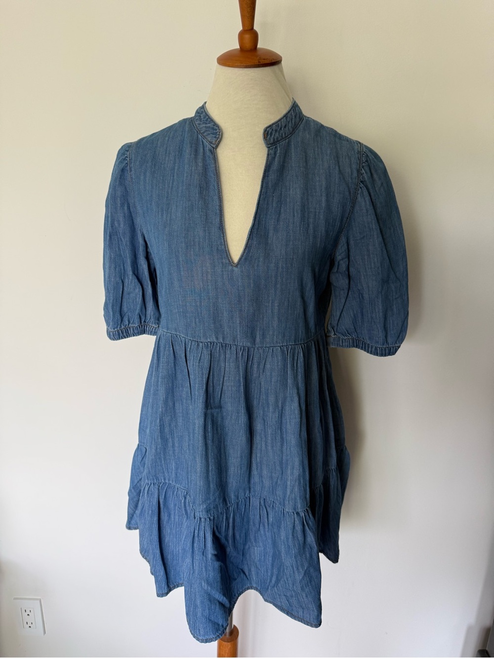 Zara Blue Denim V-Neck Tiered Tunic mini dress